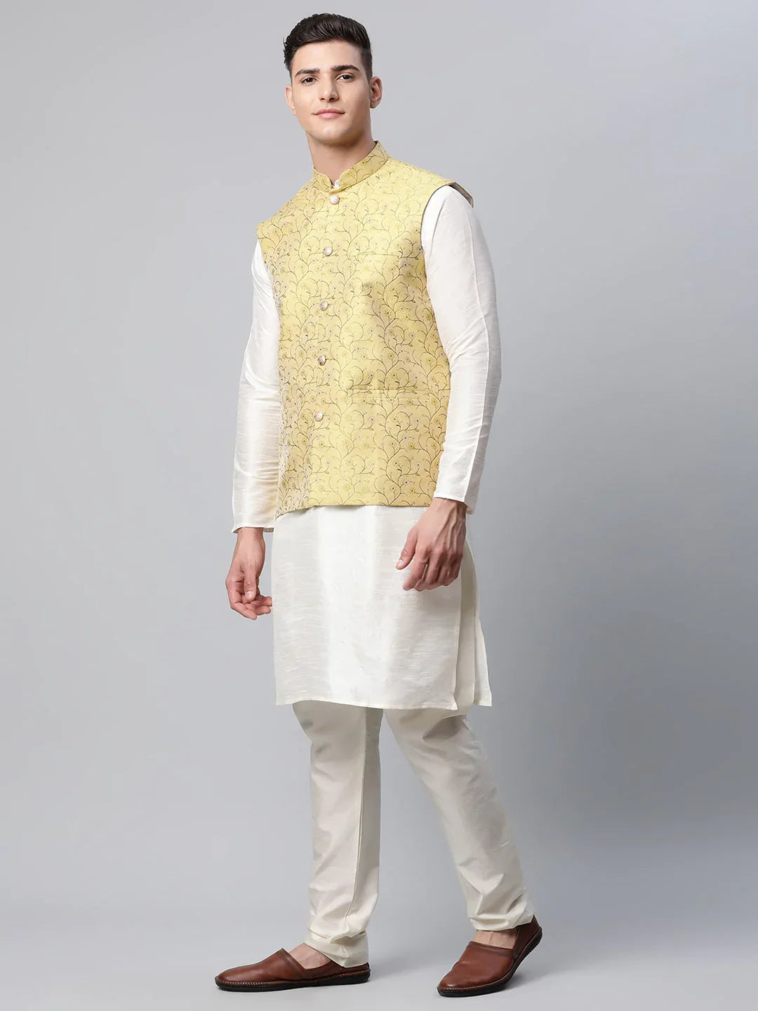 Jompers Men's Dupion Silk Kurta Pyjama With Lemon Printed Nehru Jacket | Grocsy
