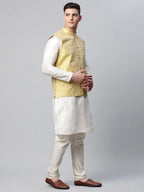 Jompers Men's Dupion Silk Kurta Pyjama With Lemon Printed Nehru Jacket | Grocsy