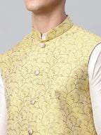 Jompers Men's Dupion Silk Kurta Pyjama With Lemon Printed Nehru Jacket | Grocsy