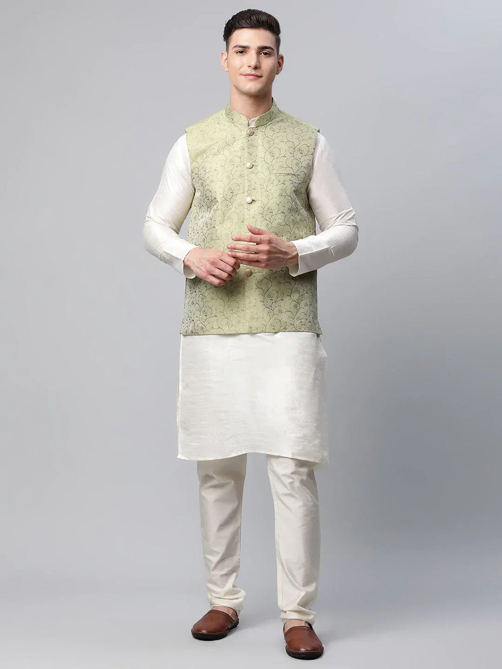 Jompers Men's Dupion Silk Kurta Pyjama With Pista Green Printed Nehru Jacket | Grocsy