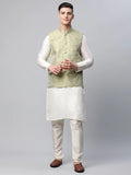 Jompers Men's Dupion Silk Kurta Pyjama With Pista Green Printed Nehru Jacket | Grocsy
