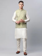 Jompers Men's Dupion Silk Kurta Pyjama With Pista Green Printed Nehru Jacket | Grocsy