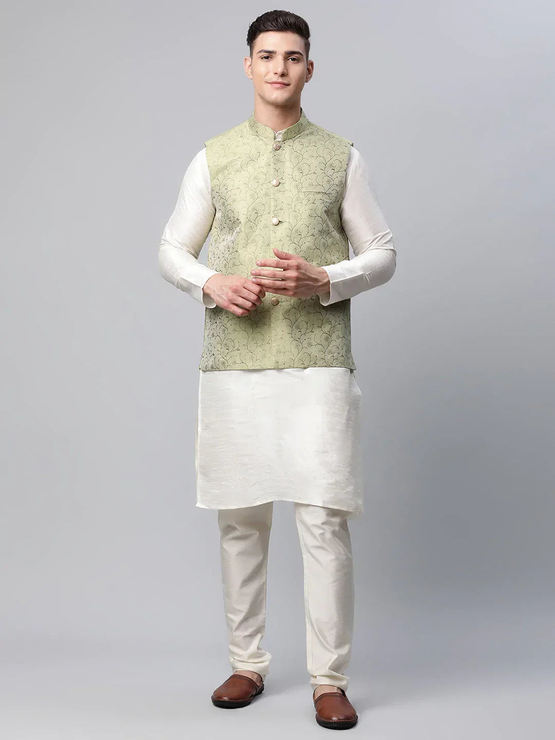 Jompers Men's Dupion Silk Kurta Pyjama With Pista Green Printed Nehru Jacket | Grocsy