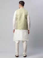 Jompers Men's Dupion Silk Kurta Pyjama With Pista Green Printed Nehru Jacket | Grocsy