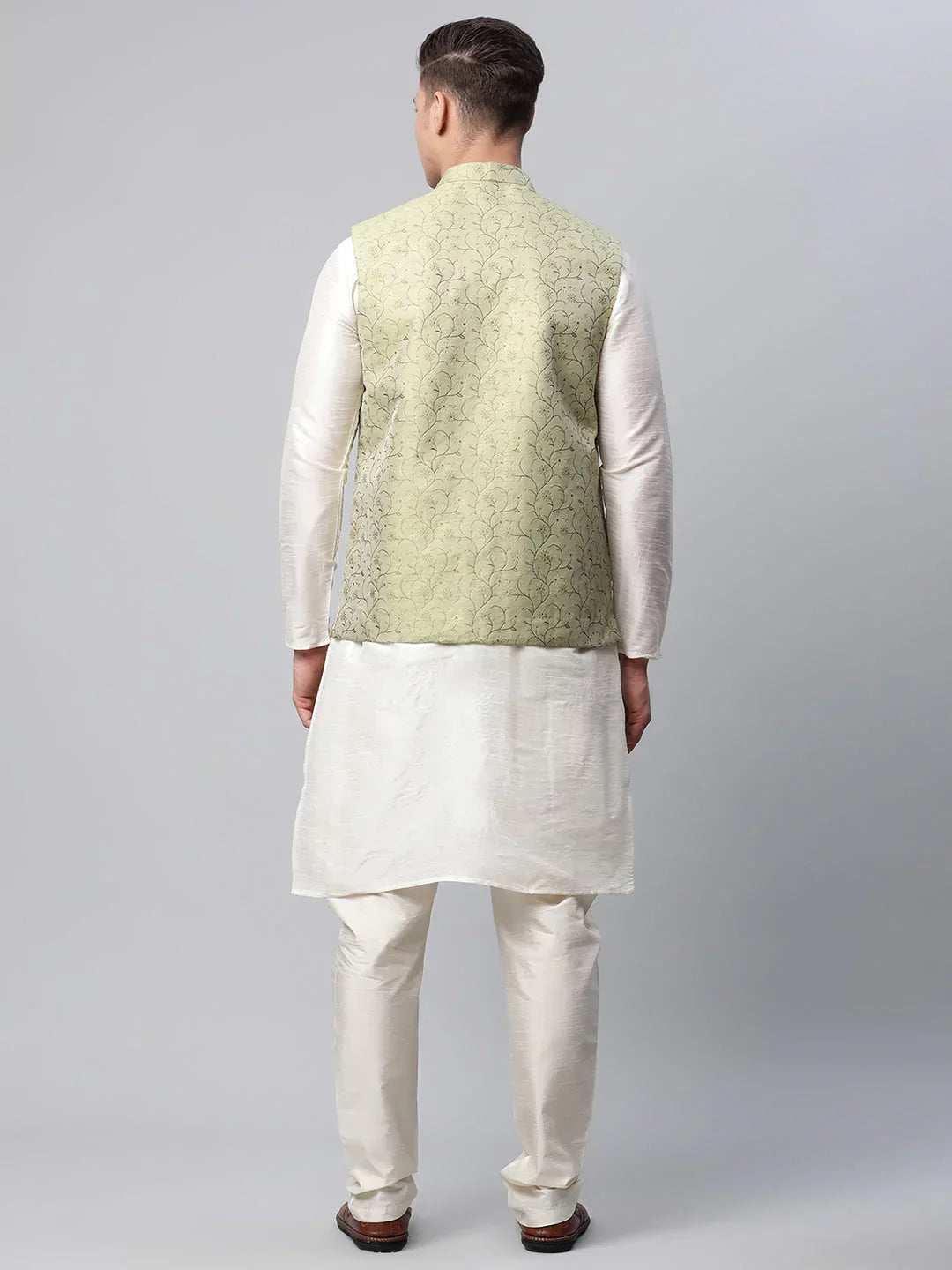 Jompers Men's Dupion Silk Kurta Pyjama With Pista Green Printed Nehru Jacket | Grocsy