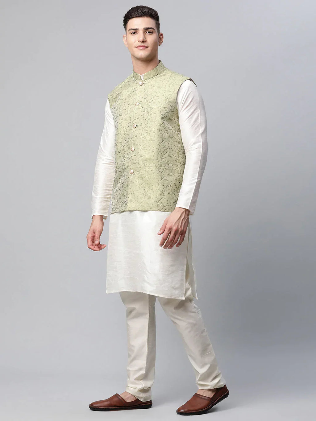 Jompers Men's Dupion Silk Kurta Pyjama With Pista Green Printed Nehru Jacket | Grocsy
