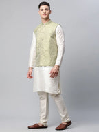 Jompers Men's Dupion Silk Kurta Pyjama With Pista Green Printed Nehru Jacket | Grocsy