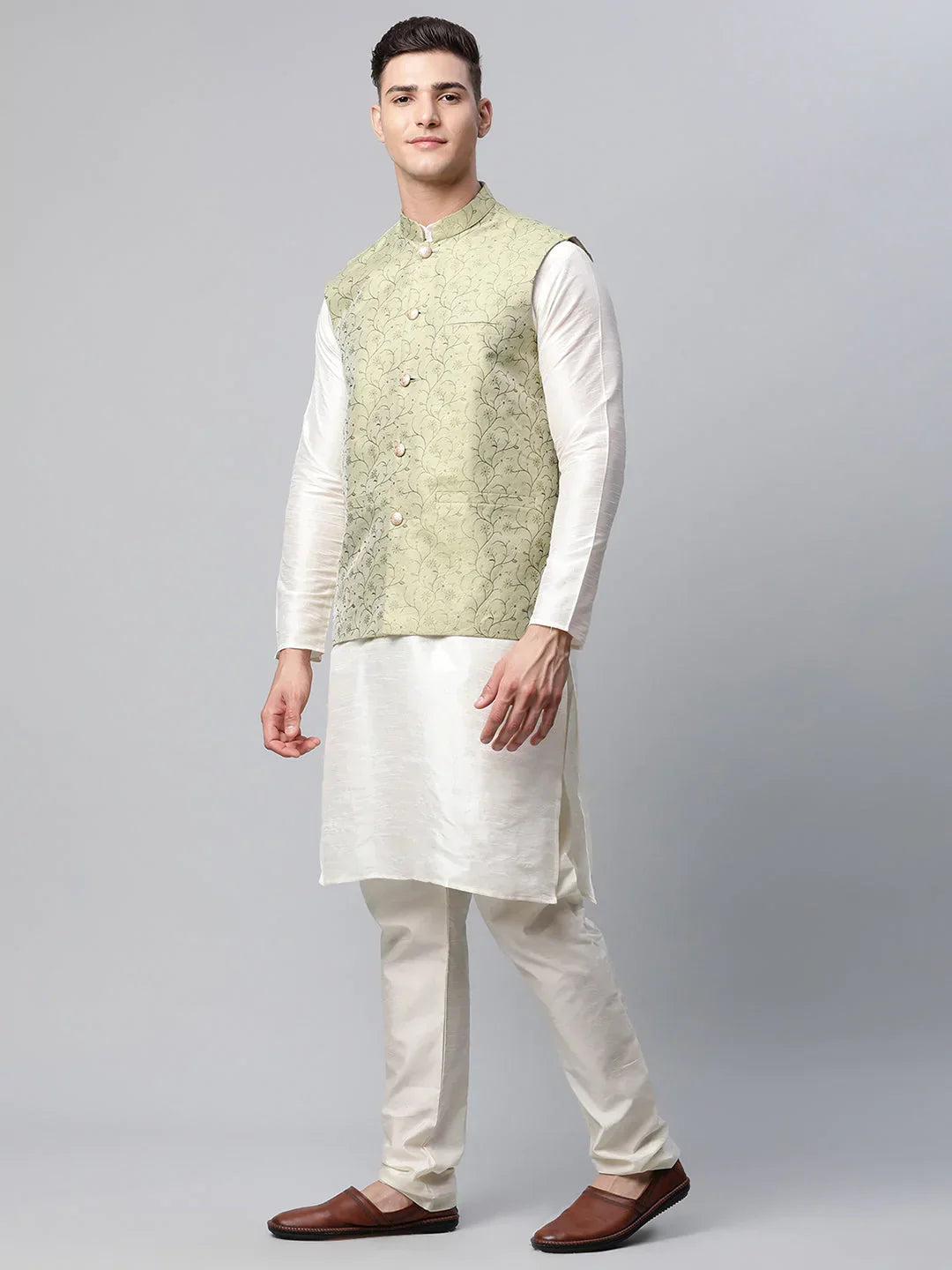 Jompers Men's Dupion Silk Kurta Pyjama With Pista Green Printed Nehru Jacket | Grocsy