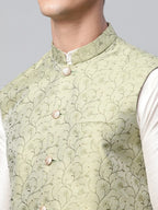 Jompers Men's Dupion Silk Kurta Pyjama With Pista Green Printed Nehru Jacket | Grocsy