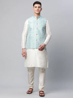 Jompers Men's Dupion Silk Kurta Pyjama With Sky Blue Printed Nehru Jacket | Grocsy