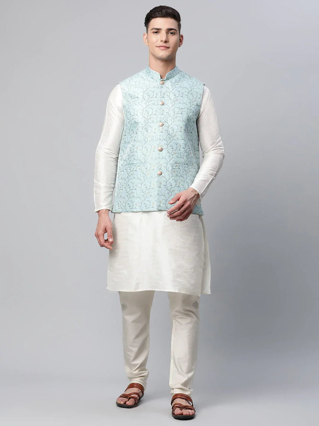 Jompers Men's Dupion Silk Kurta Pyjama With Sky Blue Printed Nehru Jacket | Grocsy