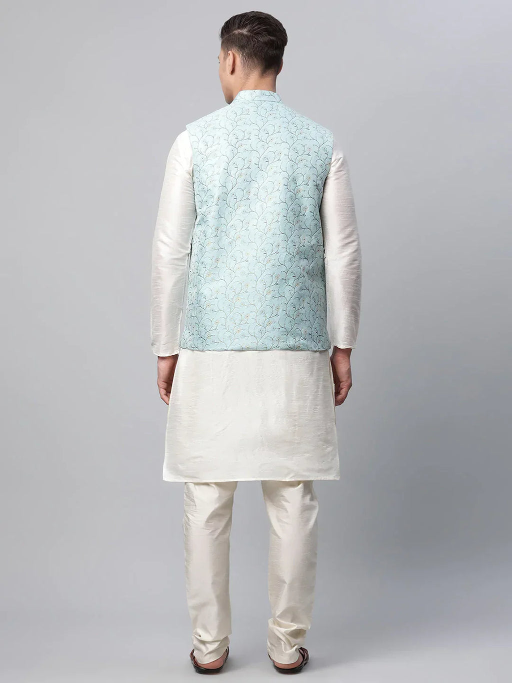 Jompers Men's Dupion Silk Kurta Pyjama With Sky Blue Printed Nehru Jacket | Grocsy