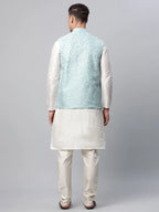 Jompers Men's Dupion Silk Kurta Pyjama With Sky Blue Printed Nehru Jacket | Grocsy