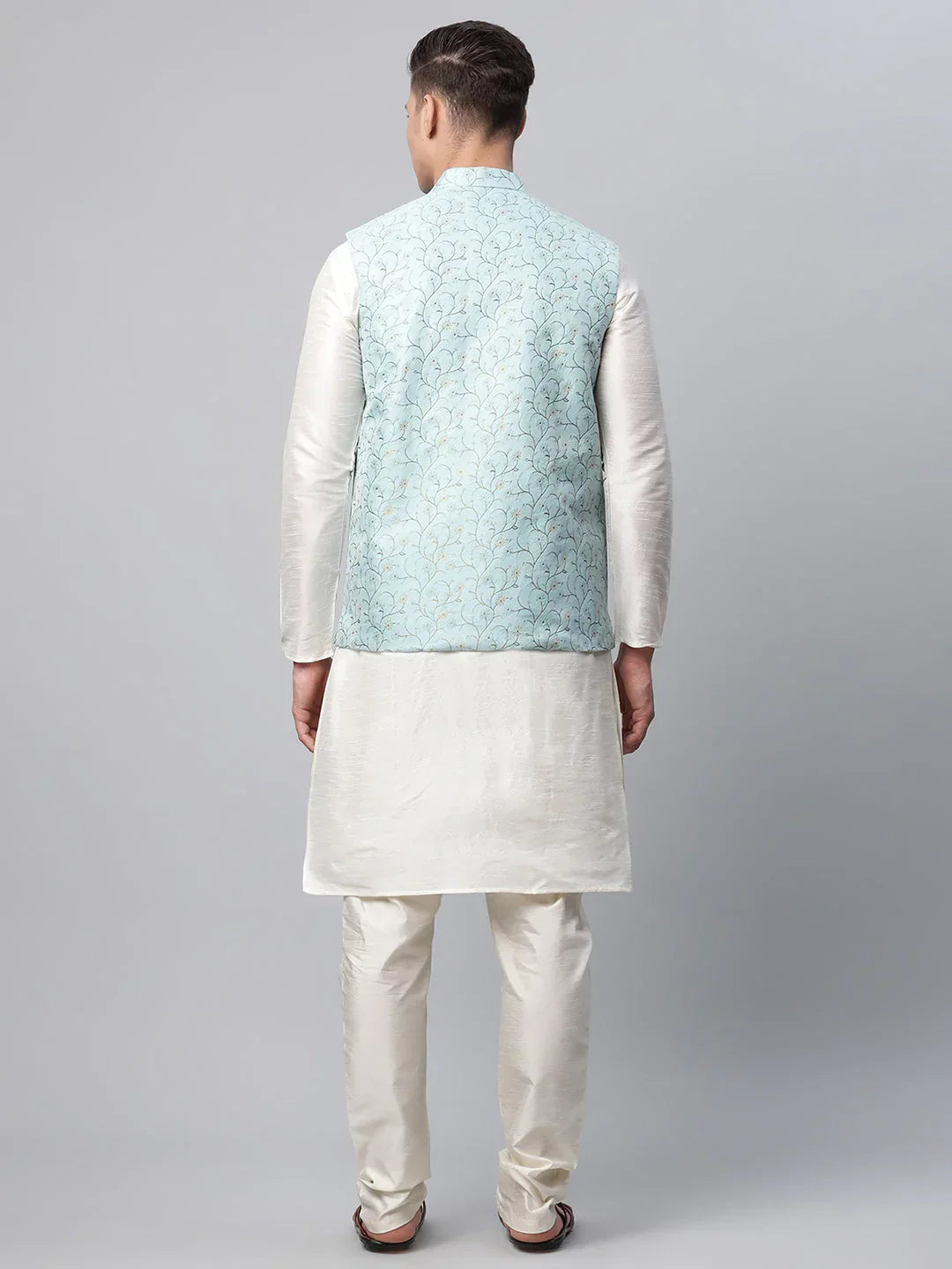 Jompers Men's Dupion Silk Kurta Pyjama With Sky Blue Printed Nehru Jacket | Grocsy
