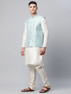 Jompers Men's Dupion Silk Kurta Pyjama With Sky Blue Printed Nehru Jacket | Grocsy
