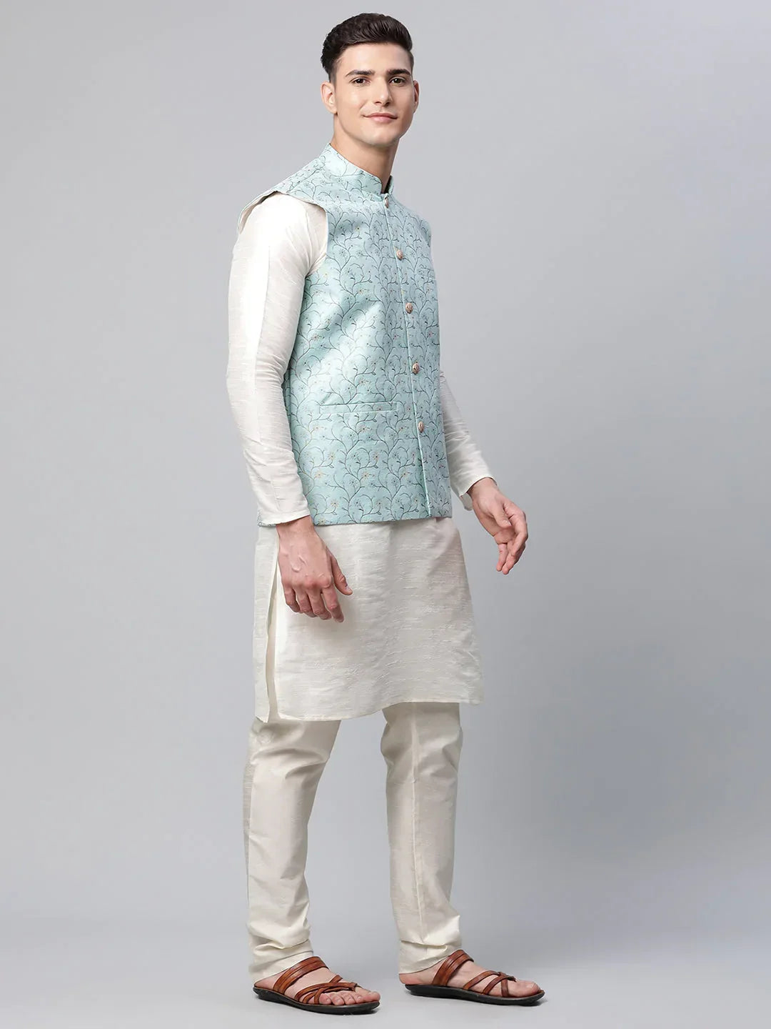 Jompers Men's Dupion Silk Kurta Pyjama With Sky Blue Printed Nehru Jacket | Grocsy