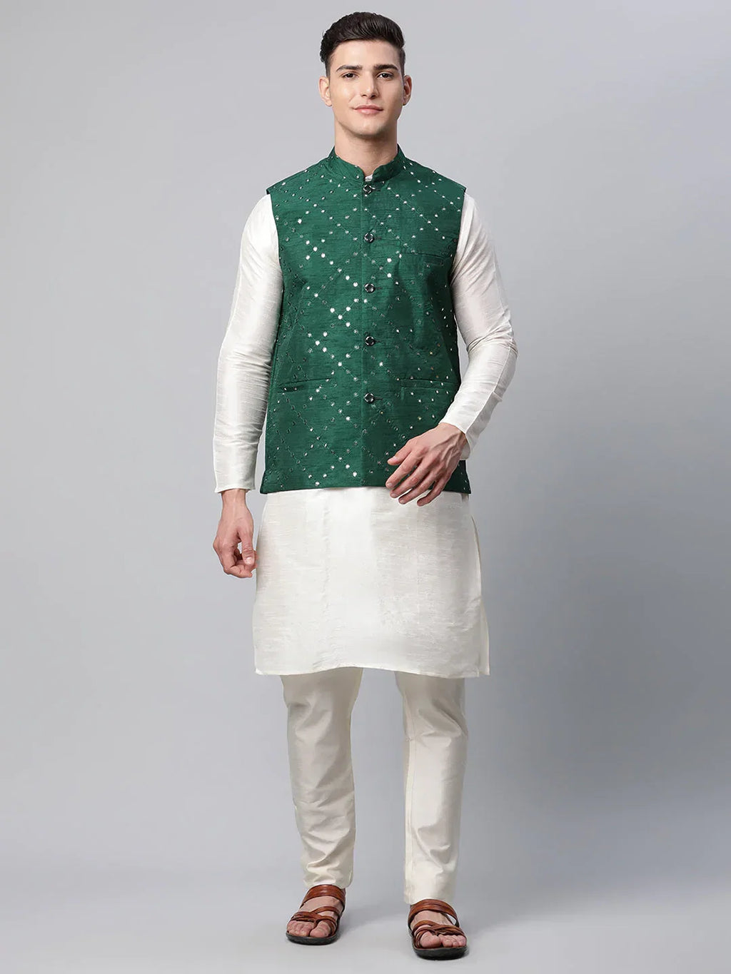 Jompers Men's Dupion Silk Kurta Pyjama With Green Mirror Work Nehru Jacket | Grocsy