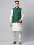 Jompers Men's Dupion Silk Kurta Pyjama With Green Mirror Work Nehru Jacket | Grocsy