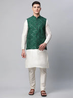 Jompers Men's Dupion Silk Kurta Pyjama With Green Mirror Work Nehru Jacket | Grocsy