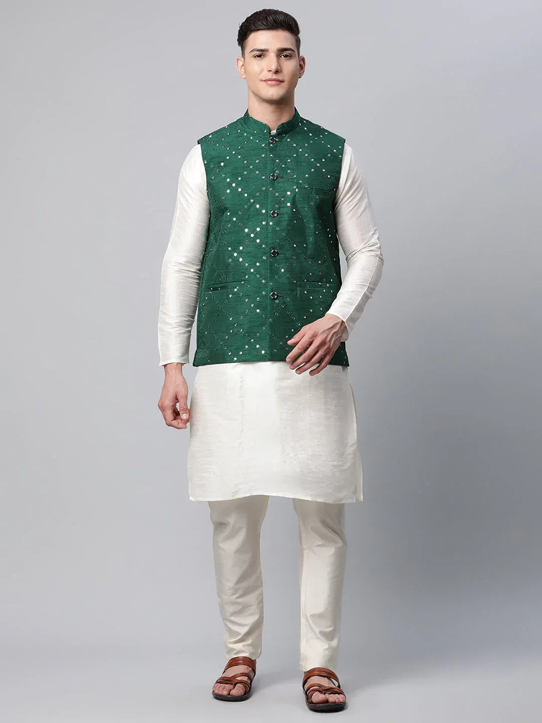 Jompers Men's Dupion Silk Kurta Pyjama With Green Mirror Work Nehru Jacket | Grocsy