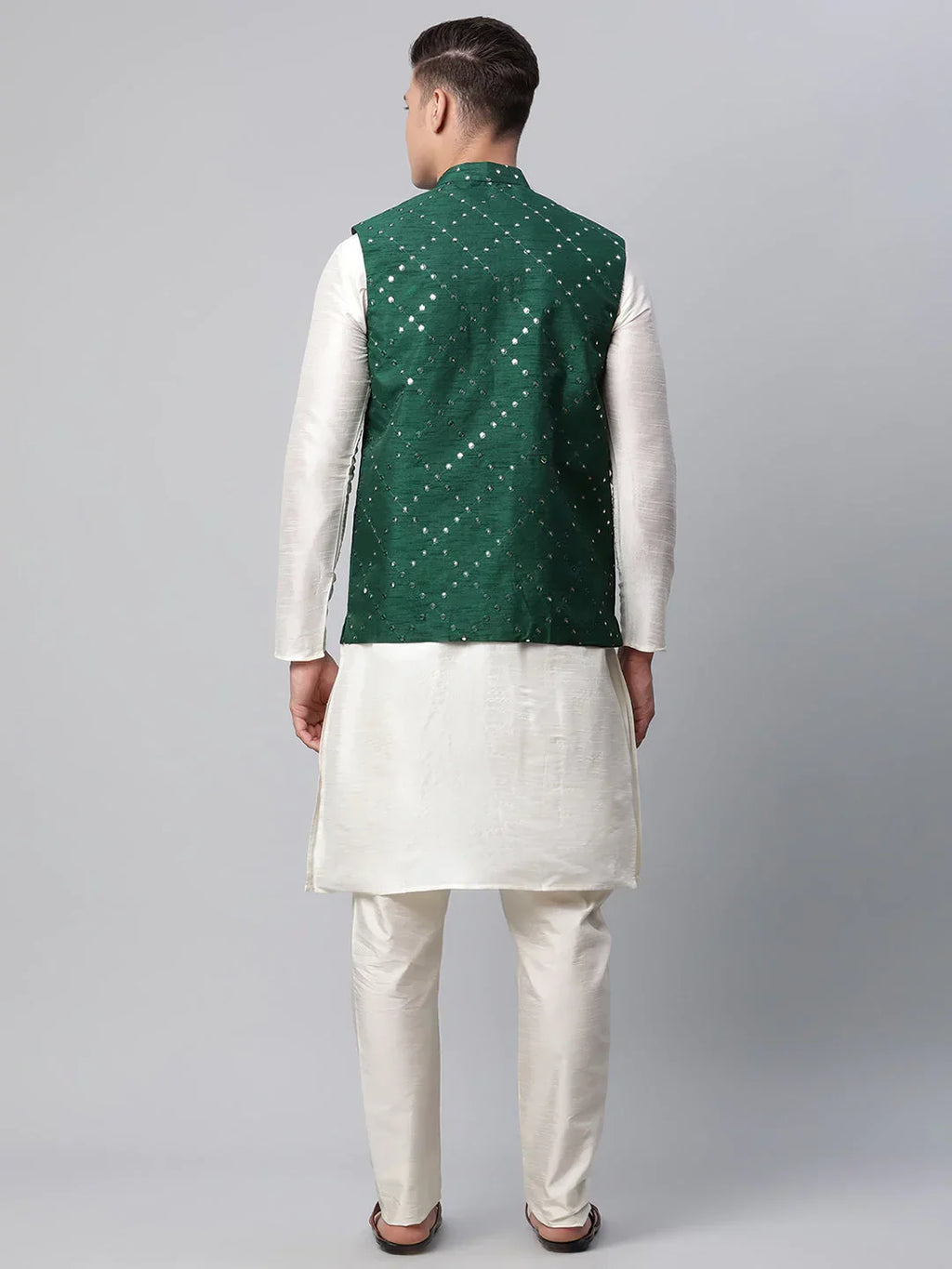 Jompers Men's Dupion Silk Kurta Pyjama With Green Mirror Work Nehru Jacket | Grocsy