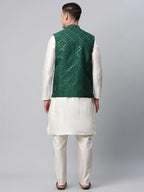 Jompers Men's Dupion Silk Kurta Pyjama With Green Mirror Work Nehru Jacket | Grocsy