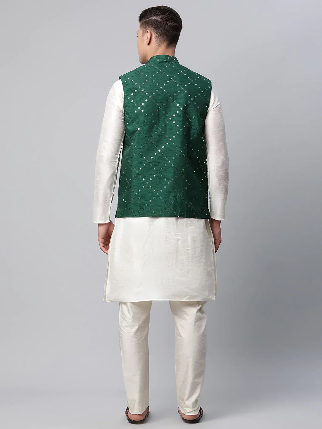 Jompers Men's Dupion Silk Kurta Pyjama With Green Mirror Work Nehru Jacket | Grocsy