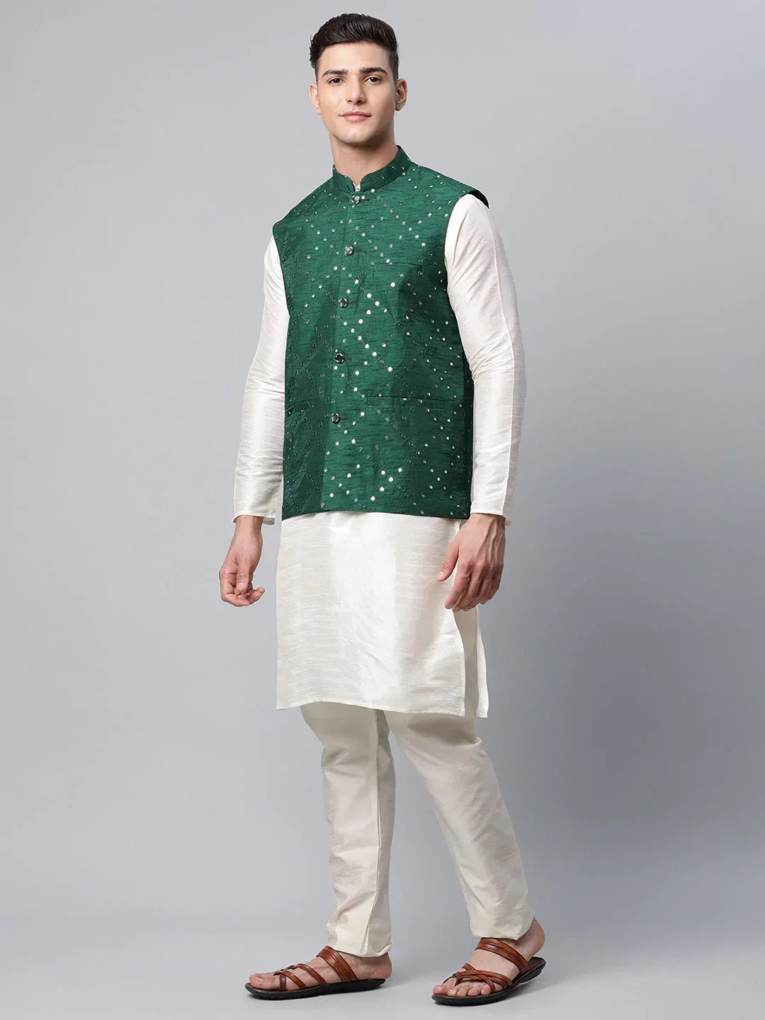 Jompers Men's Dupion Silk Kurta Pyjama With Green Mirror Work Nehru Jacket | Grocsy