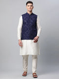 Jompers Men's Dupion Silk Kurta Pyjama With Navy Mirror Work Nehru Jacket | Grocsy