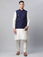Jompers Men's Dupion Silk Kurta Pyjama With Navy Mirror Work Nehru Jacket | Grocsy