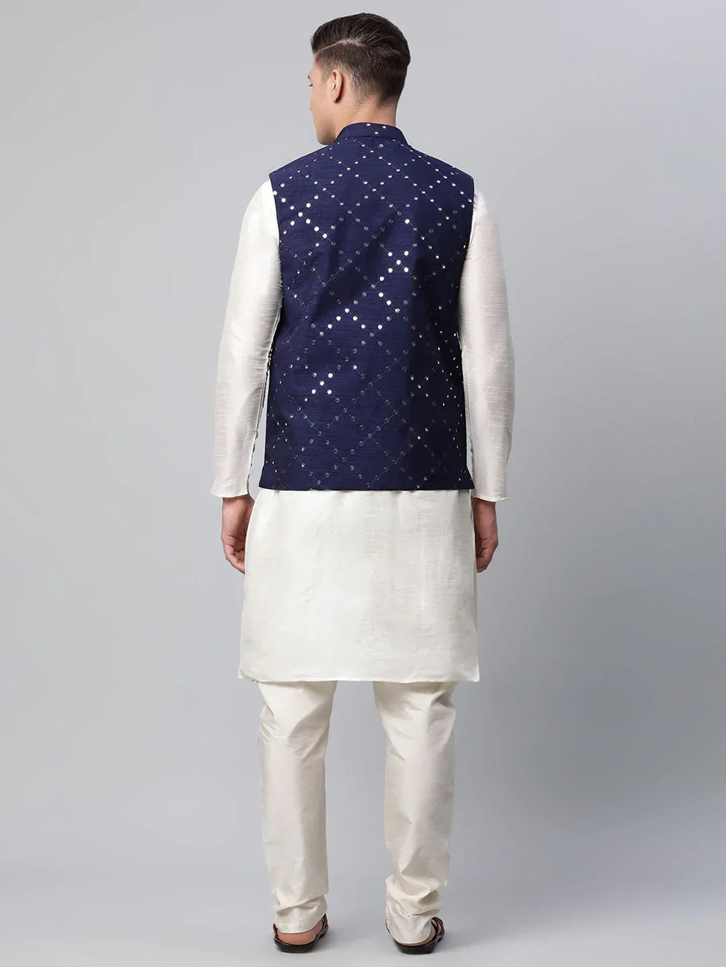Jompers Men's Dupion Silk Kurta Pyjama With Navy Mirror Work Nehru Jacket | Grocsy