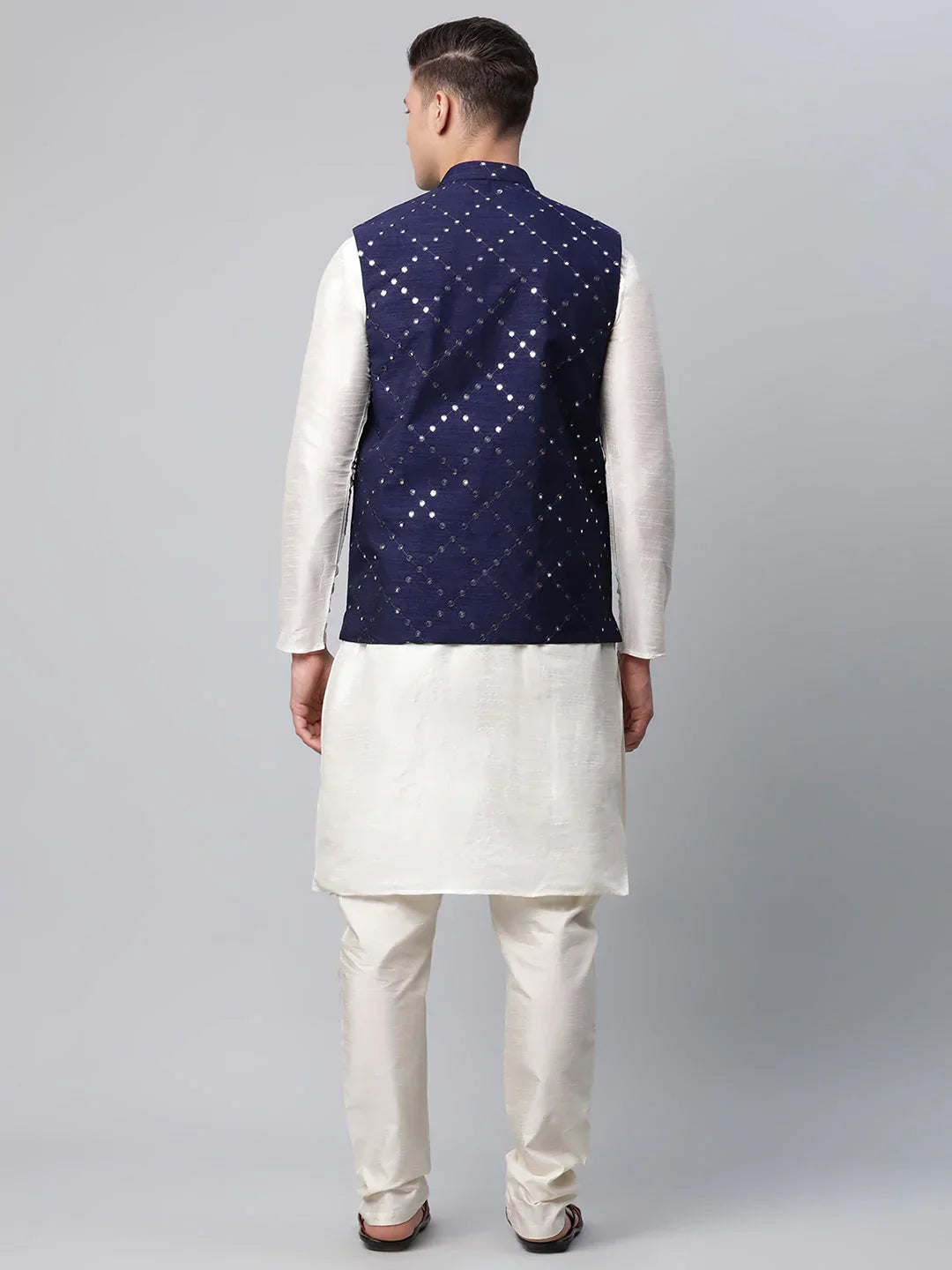 Jompers Men's Dupion Silk Kurta Pyjama With Navy Mirror Work Nehru Jacket | Grocsy