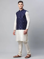 Jompers Men's Dupion Silk Kurta Pyjama With Navy Mirror Work Nehru Jacket | Grocsy