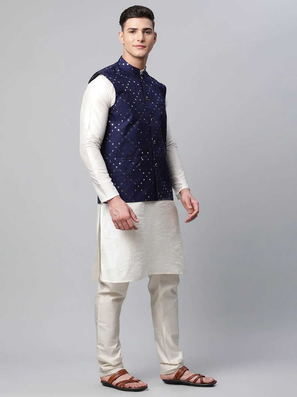 Jompers Men's Dupion Silk Kurta Pyjama With Navy Mirror Work Nehru Jacket | Grocsy