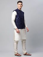Jompers Men's Dupion Silk Kurta Pyjama With Navy Mirror Work Nehru Jacket | Grocsy