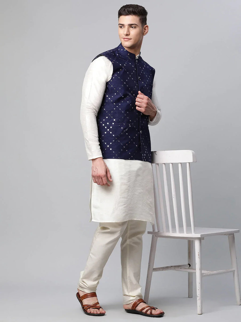 Jompers Men's Dupion Silk Kurta Pyjama With Navy Mirror Work Nehru Jacket | Grocsy