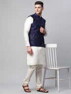 Jompers Men's Dupion Silk Kurta Pyjama With Navy Mirror Work Nehru Jacket | Grocsy