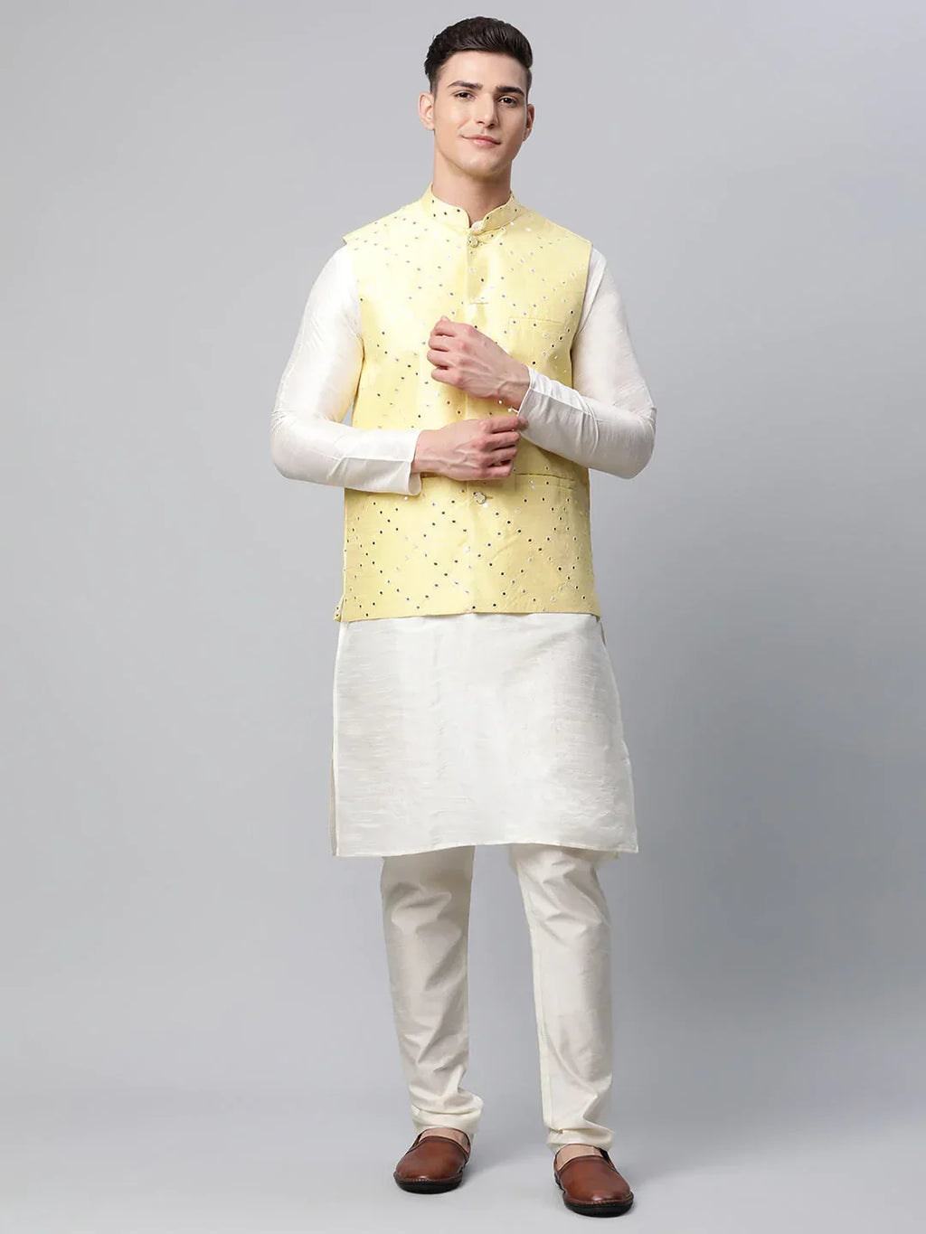 Jompers Men's Dupion Silk Kurta Pyjama With Yellow Mirror Work Nehru Jacket | Grocsy