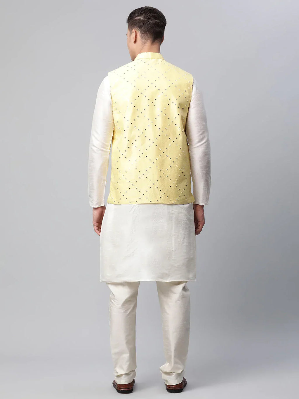 Jompers Men's Dupion Silk Kurta Pyjama With Yellow Mirror Work Nehru Jacket | Grocsy