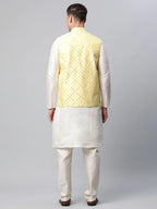 Jompers Men's Dupion Silk Kurta Pyjama With Yellow Mirror Work Nehru Jacket | Grocsy