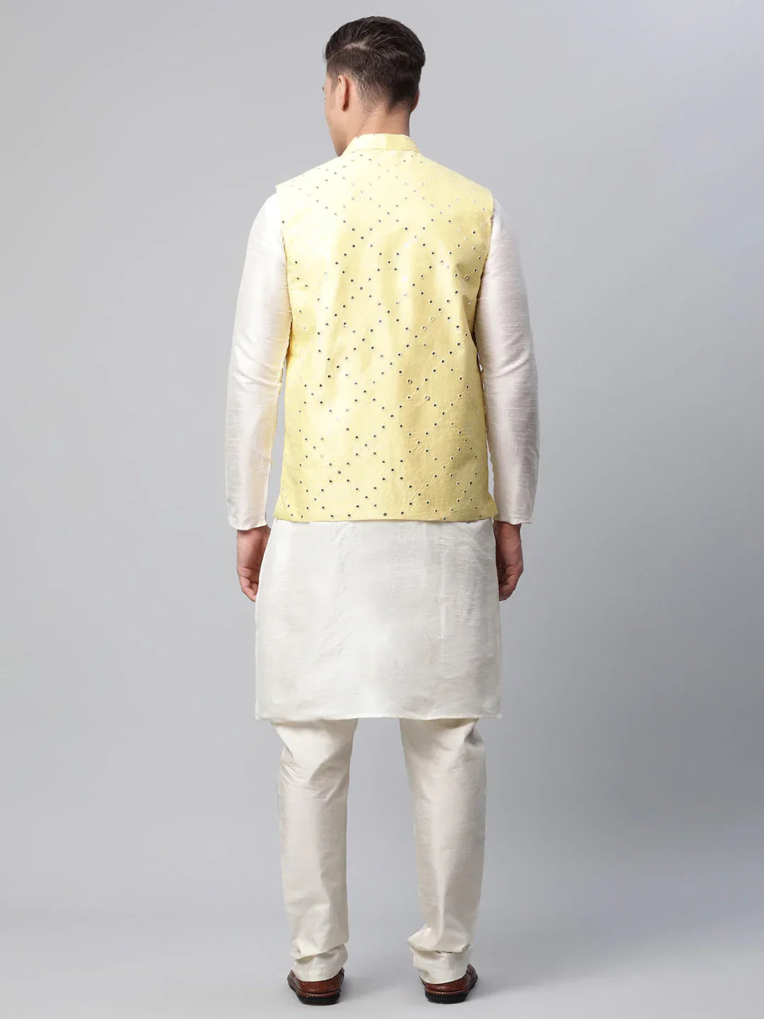 Jompers Men's Dupion Silk Kurta Pyjama With Yellow Mirror Work Nehru Jacket | Grocsy