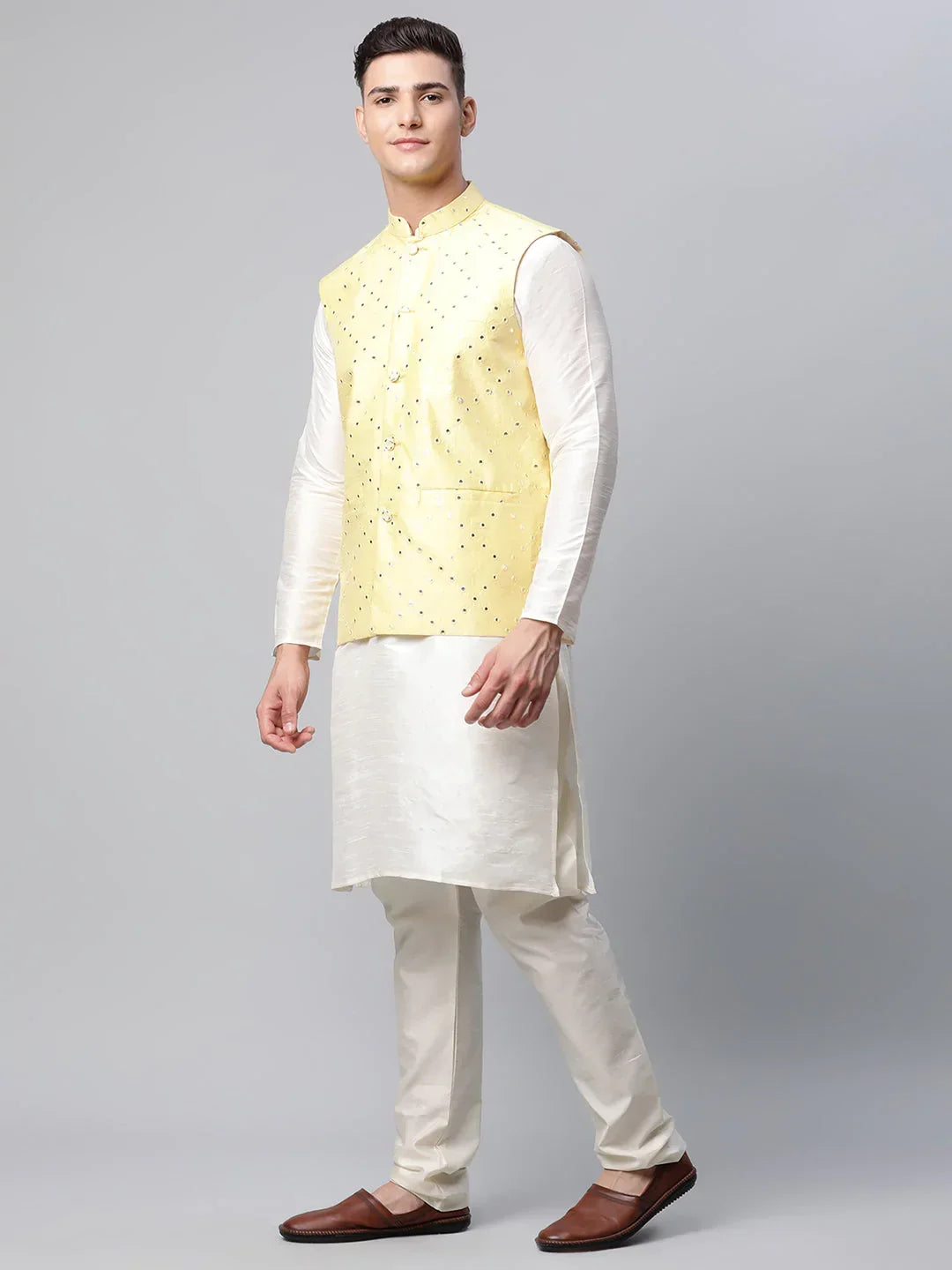 Jompers Men's Dupion Silk Kurta Pyjama With Yellow Mirror Work Nehru Jacket | Grocsy