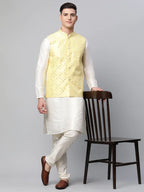 Jompers Men's Dupion Silk Kurta Pyjama With Yellow Mirror Work Nehru Jacket | Grocsy