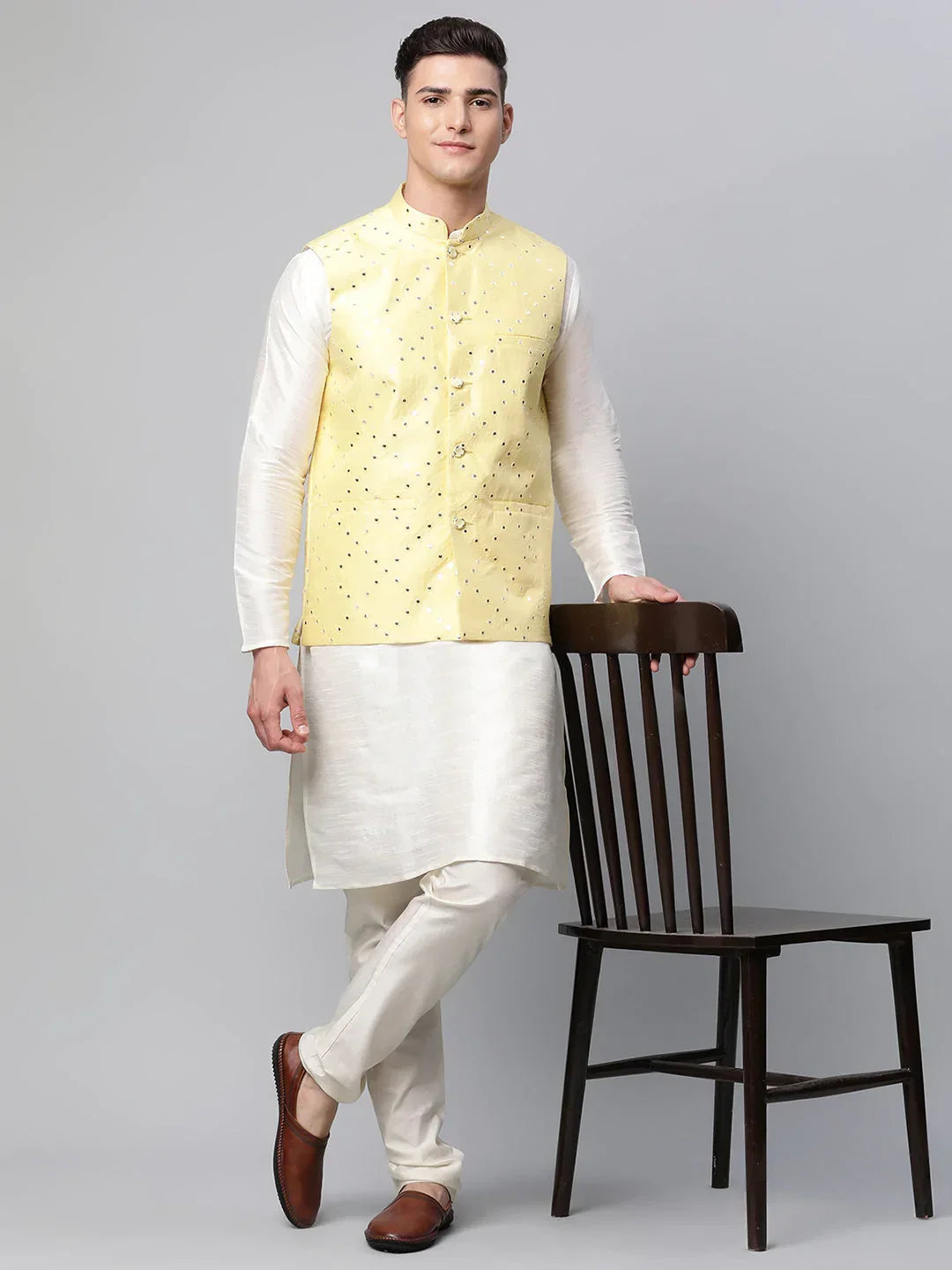 Jompers Men's Dupion Silk Kurta Pyjama With Yellow Mirror Work Nehru Jacket | Grocsy