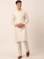 Jompers Men's Solid Kurta Pyjama With Blue Floral Embroidered Nehru Jacket | Grocsy