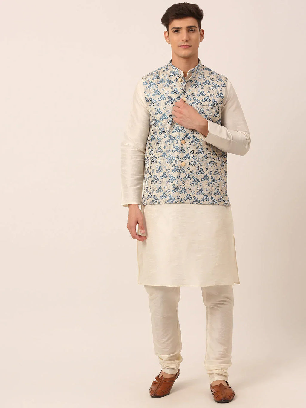 Jompers Men's Solid Kurta Pyjama With Blue Floral Embroidered Nehru Jacket | Grocsy