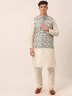 Jompers Men's Solid Kurta Pyjama With Blue Floral Embroidered Nehru Jacket | Grocsy