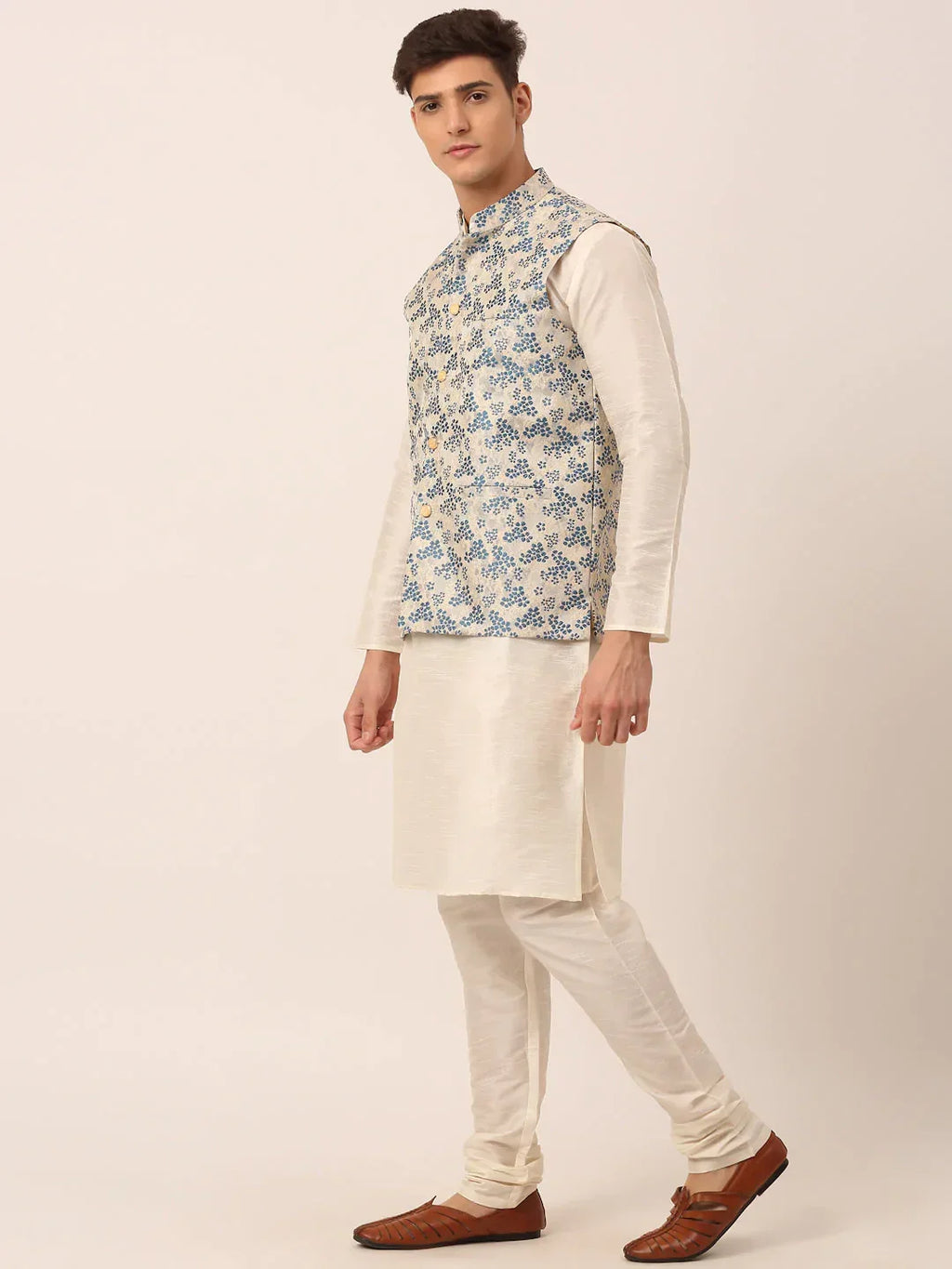 Jompers Men's Solid Kurta Pyjama With Blue Floral Embroidered Nehru Jacket | Grocsy