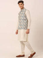 Jompers Men's Solid Kurta Pyjama With Blue Floral Embroidered Nehru Jacket | Grocsy