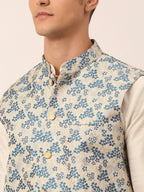 Jompers Men's Solid Kurta Pyjama With Blue Floral Embroidered Nehru Jacket | Grocsy